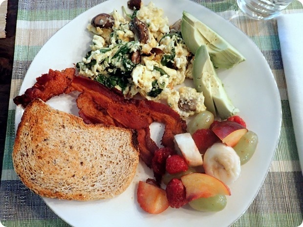 breakfast egg scramble with bacon and fruit