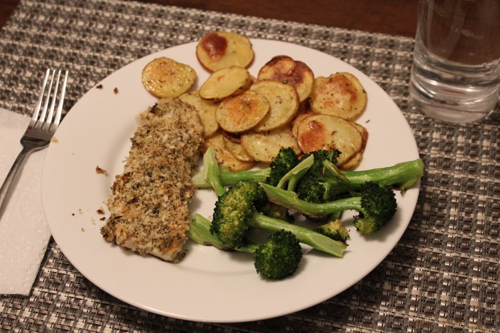 crusted fish with roasted veg