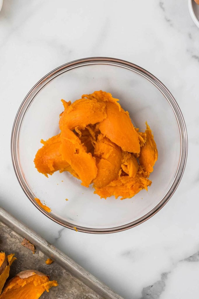 mashed sweet potato in a glass bowl