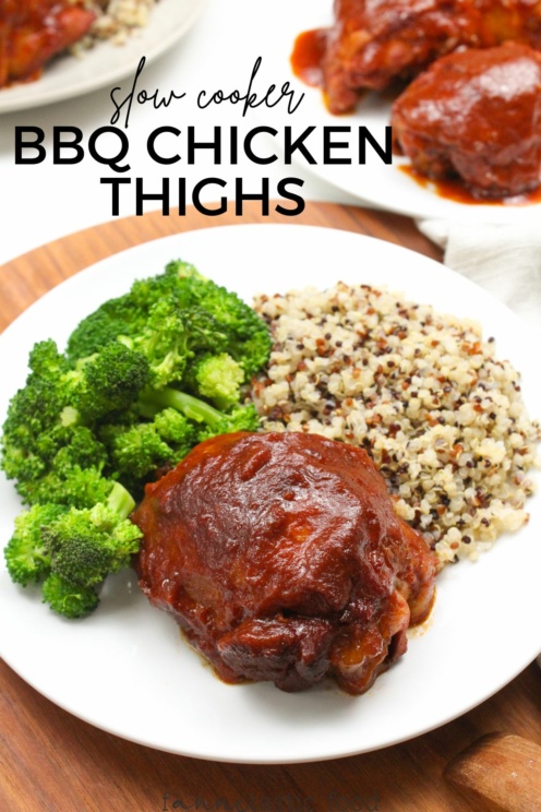 Slow Cooker BBQ Chicken Thighs Pin 496x744 