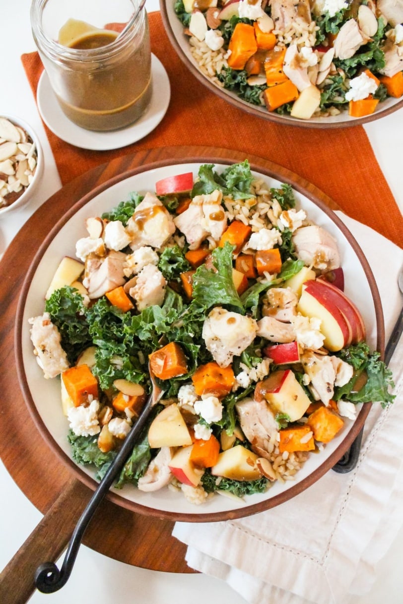 fall harvest bowls with chicken, sweet potato, kale, and apples