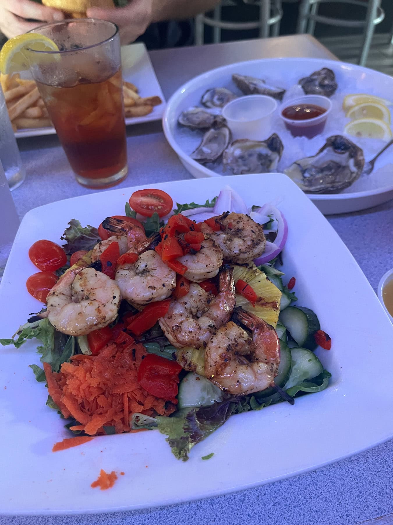 grilled shrimp salad and oysters from fishbones in duck