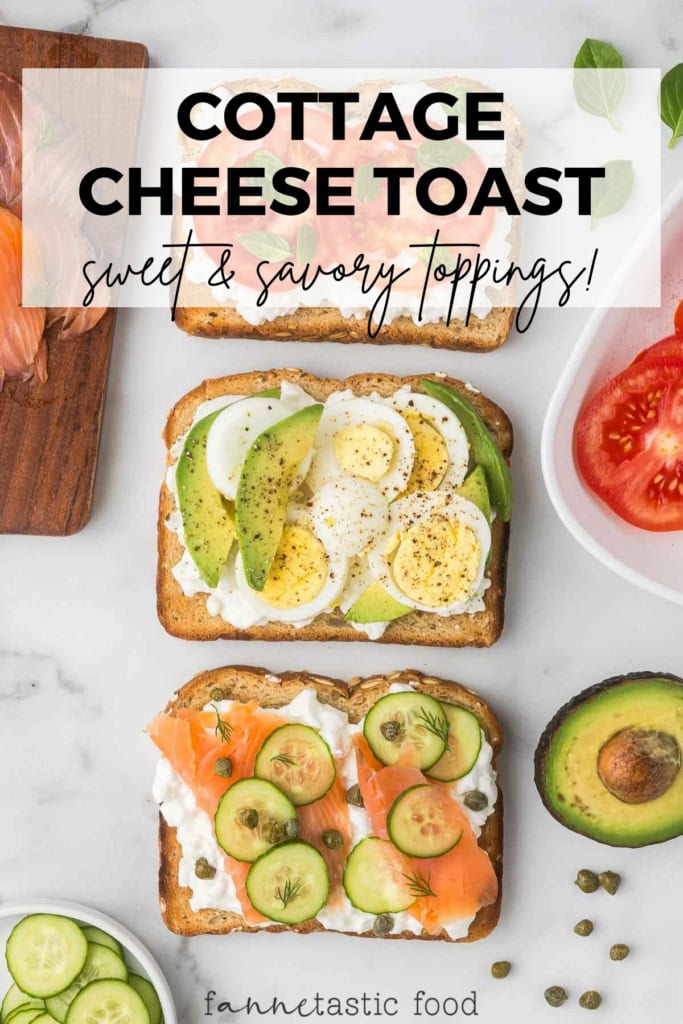 slices of cottage cheese toast with smoked salmon, cucumbers, sliced hard-boiled eggs, and avocado