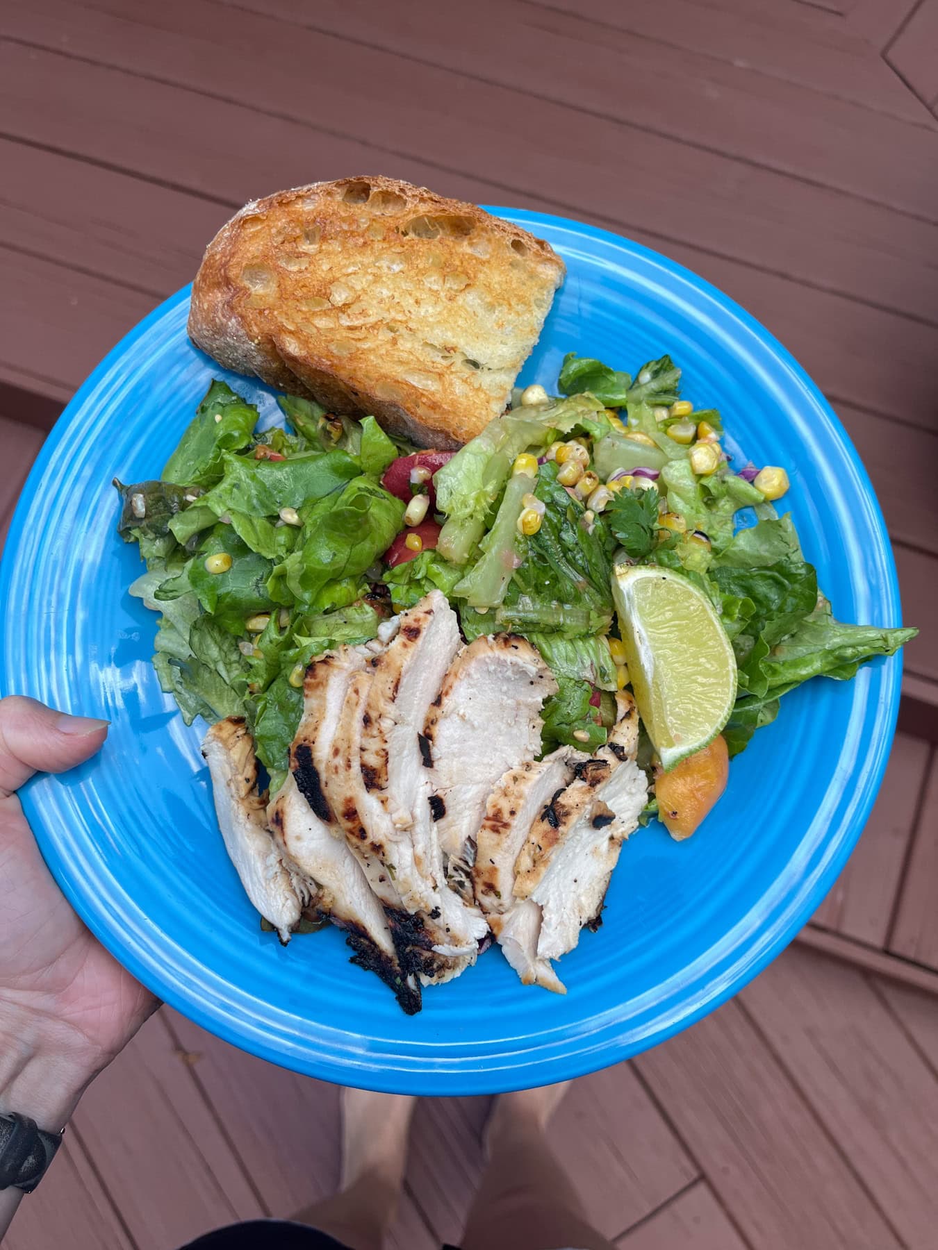 chicken salad with grilled peaches and corn