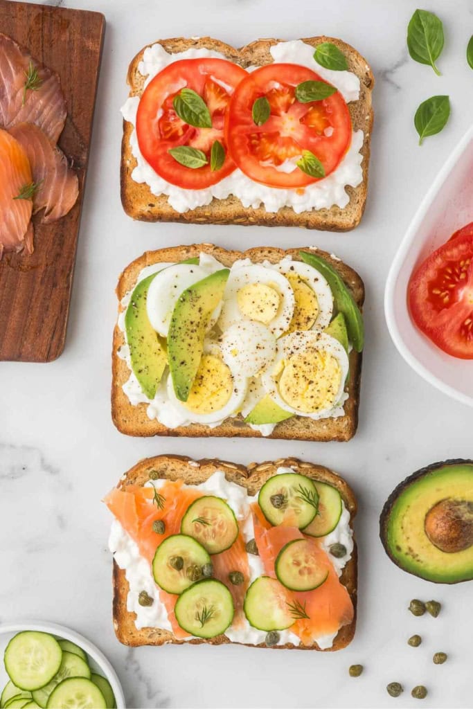 cottage cheese toast with savory toppings like eggs, smoked salmon, and avocado