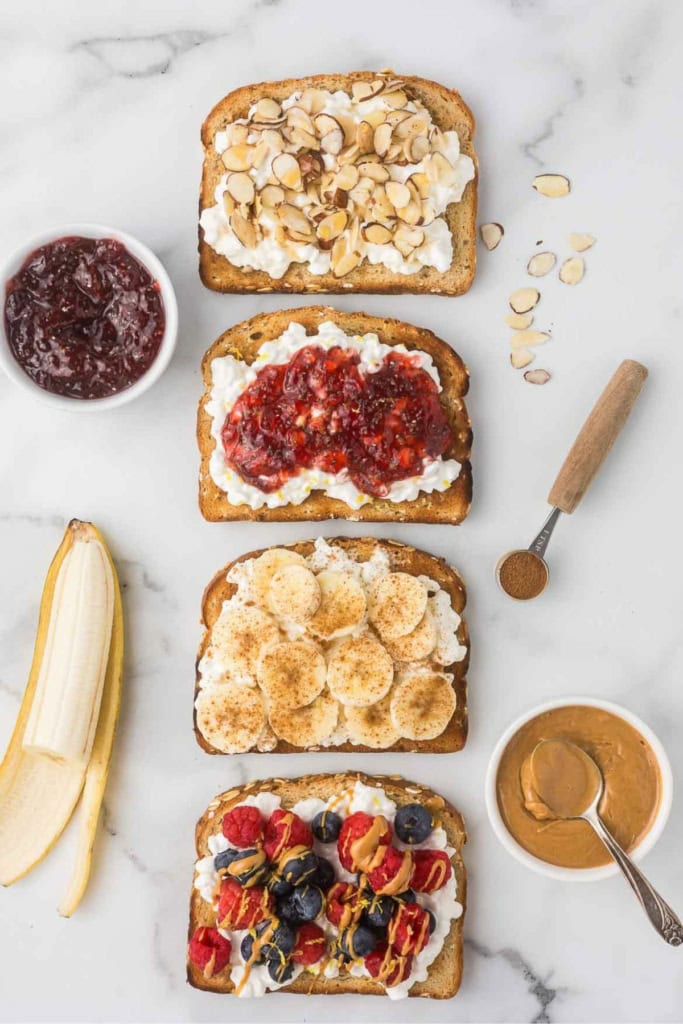 cottage cheese toast with sweet toppings like fruit, honey, and nut butter